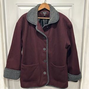 Stephanie Mathews Designer Petite Womens Wool WinterCoat, Purple With Gray Trim.